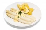White Asparagus With Potatoes On A Plate Stock Photo