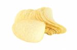 Row Of Potato Chip And Single On White Background Stock Photo