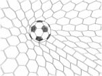 Soccer Football In Goal Net Stock Photo