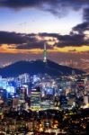 View Of Downtown Cityscape And Seoul Tower In Seoul, South Korea Stock Photo