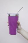 Stainless Steel Straw And Thermos Mugs For Reusable Set Stock Photo