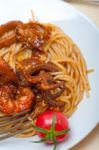 Italian Seafood Spaghetti Pasta On Red Tomato Sauce Stock Photo