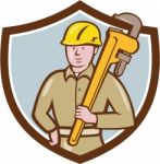 Plumber Holding Wrench Crest Cartoon Stock Photo