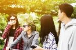 Group Of Asian Teenager Walking In The Park  Stock Photo