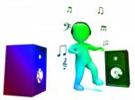 Dancing Disco Character Shows Loud Speakers And Songs Stock Photo