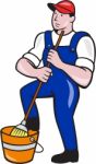 Janitor Cleaner Holding Mop Bucket Cartoon Stock Photo