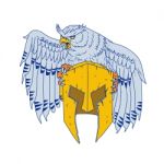 Horned Owl Clutching Spartan Helmet Drawing Stock Photo