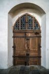 Old Wooden Door In St James Church In Rothenburg Stock Photo