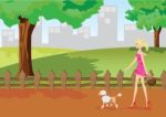 Girl Is Walking In Park With Poodle Dog Stock Photo