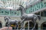 Statues Of Two Magnificent Horses At Minster Court London Stock Photo