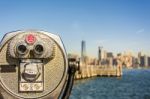 Close Up Of Tower Viewer Binoculars With Blurred New York City S Stock Photo