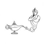 Genie Coming Out Of Oil Lamp Black And White Drawing Stock Photo