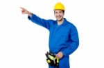 Construction Worker Pointing Away Stock Photo