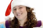 Cheerful Woman With Santa Cap Stock Photo