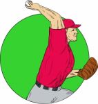Baseball Pitcher Throwing Ball Circle Drawing Stock Photo