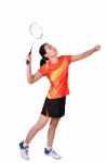 Badminton Player Isolated On White Background Stock Photo