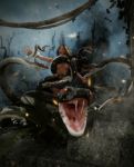 Giant Fantasy Snake Attack A Woman,3d Mixed Media For Book Illustration Stock Photo
