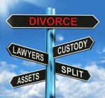 Divorce Signpost Means Custody Split Assets And Lawyers Stock Photo