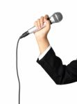 Hand Holding Microphone Isolated With Clipping Path Stock Photo