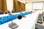 Microphones In A Conference Room Stock Photo