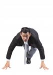 Asian Business Man Acting Like Runner Athlete In Start Patform Isolated White Background Use For Speed ,competition Abstract Meaning Stock Photo