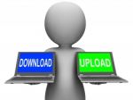 Download Upload Laptops Show Downloading Uploading Online Data Stock Photo