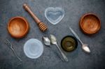 Various Cooking Utensils Border. Wooden Bowl , Vintage Spoons An Stock Photo