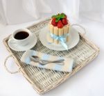 Dessert Souffle With Biscuit And Fresh Strawberries And A Cup Of Stock Photo