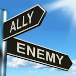 Ally Enemy Signpost Shows Friend Or Adversary Stock Photo