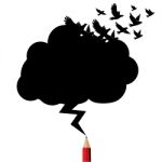 Birds Black Cloud And Lightning Drawing By Red Pencil With Educa Stock Photo