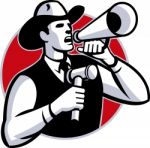Auctioneer Cowboy With Gavel And Bullhorn Stock Photo