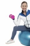 Cheerful Woman Seated On Pilates Ball And Exercising Stock Photo