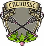 Crossed Lacrosse Stick Coat Of Arms Crest Woodcut Stock Photo
