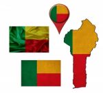 Grunge Benin Flag, Map And Map Pointers Stock Photo