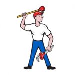 Plumber Wield Wrench Plunger Isolated Cartoon Stock Photo