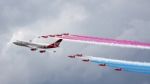 Virgin Atlantic Boeing 747-400 And Red Arrows Aerial Display At Stock Photo