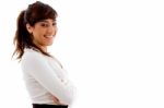 Side Pose Of Smiling Businesswoman Stock Photo