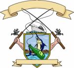 Fishing Rod Reel Blue Marlin Fish Beer Bottle Coat Of Arms Drawing Stock Photo