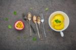 Composition Of Ice Cream Passion Fruit Flavor In Vintage Bowl Se Stock Photo