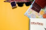 Flat Lay Summer Words Written On Wooden Block And Travel Accesso Stock Photo