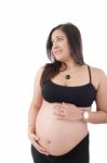 Happy Pregnant Woman Looking Away, Isolated On White Background Stock Photo
