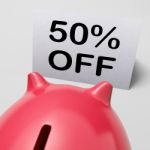 Fifty Percent Off Piggy Bank Shows 50 Half-price Promotion Stock Photo
