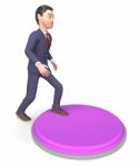 Businessman Character Indicates Emergency Button And Render 3d R Stock Photo