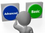 Advanced Basic Buttons Show Advancement Or Basics Stock Photo