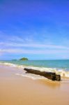Tree Timber On The Beach With Blue Sky And Island Stock Photo