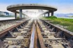 Railways Track And Bridge Cross Over With Urban Scene Behind Use Stock Photo