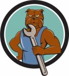 Bulldog Mechanic Holding Wrench Circle Cartoon Stock Photo