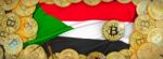 Bitcoins Gold Around Sudan  Flag And Pickaxe On The Left.3d Illu Stock Photo