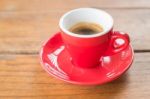 Fresh Brewed Hot Espresso In Red Cup Stock Photo