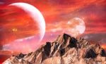 Rock Mountain With Red Sky And Twin Moons As Background Stock Photo